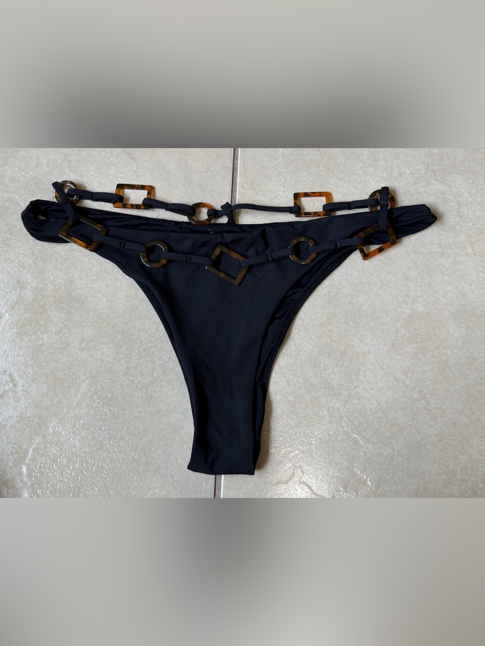 Zara Black High Leg Bikini Bottoms Geometric Tortoiseshell Ring Straps Size XL